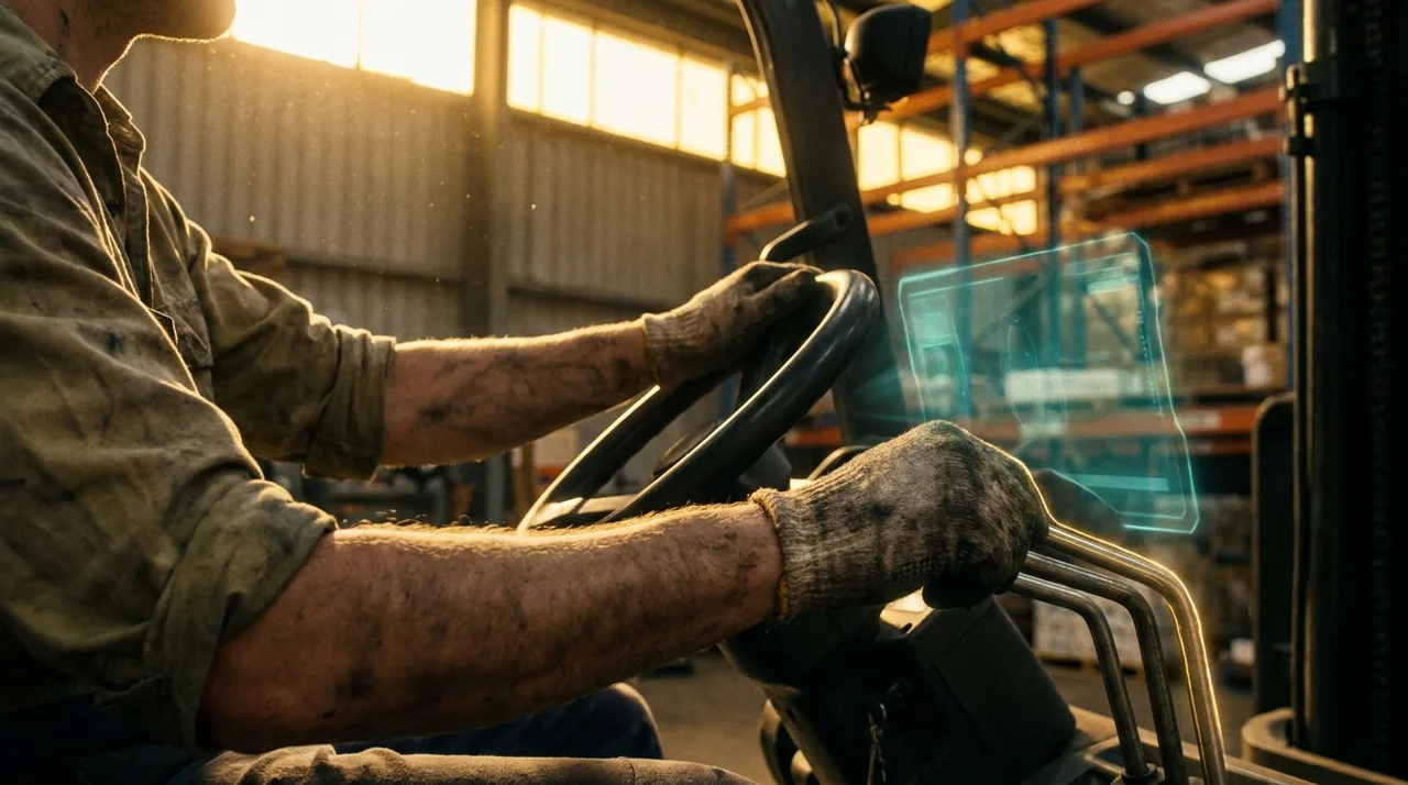 A close mid shot of a young operator's hands on a forklift steering wheel and hydraulic lever inside a Sydney warehouse, warm golden light, a faint