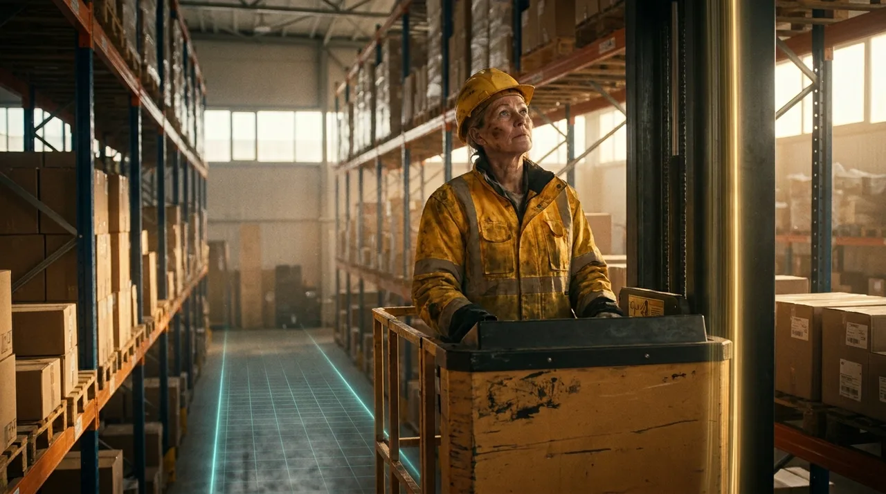 A weathered female operator in golden-yellow hi-vis on a raised order-picker platform high in narrow-aisle racking at golden hour, warm light between the