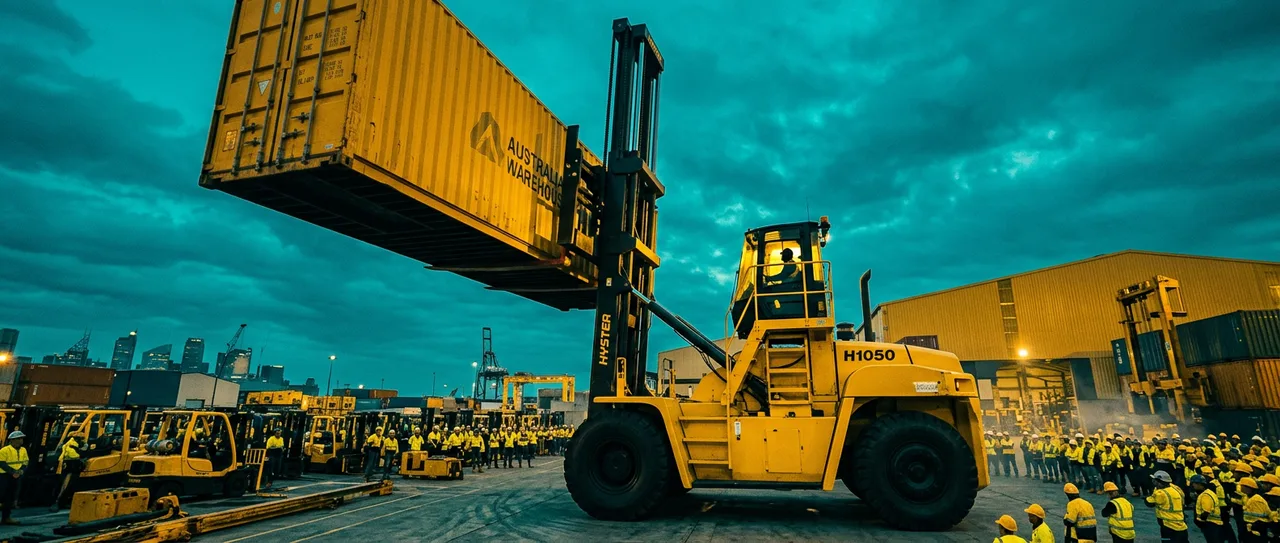 Massive forklift lifting a shipping container against a dramatic teal sky at a Sydney warehouse