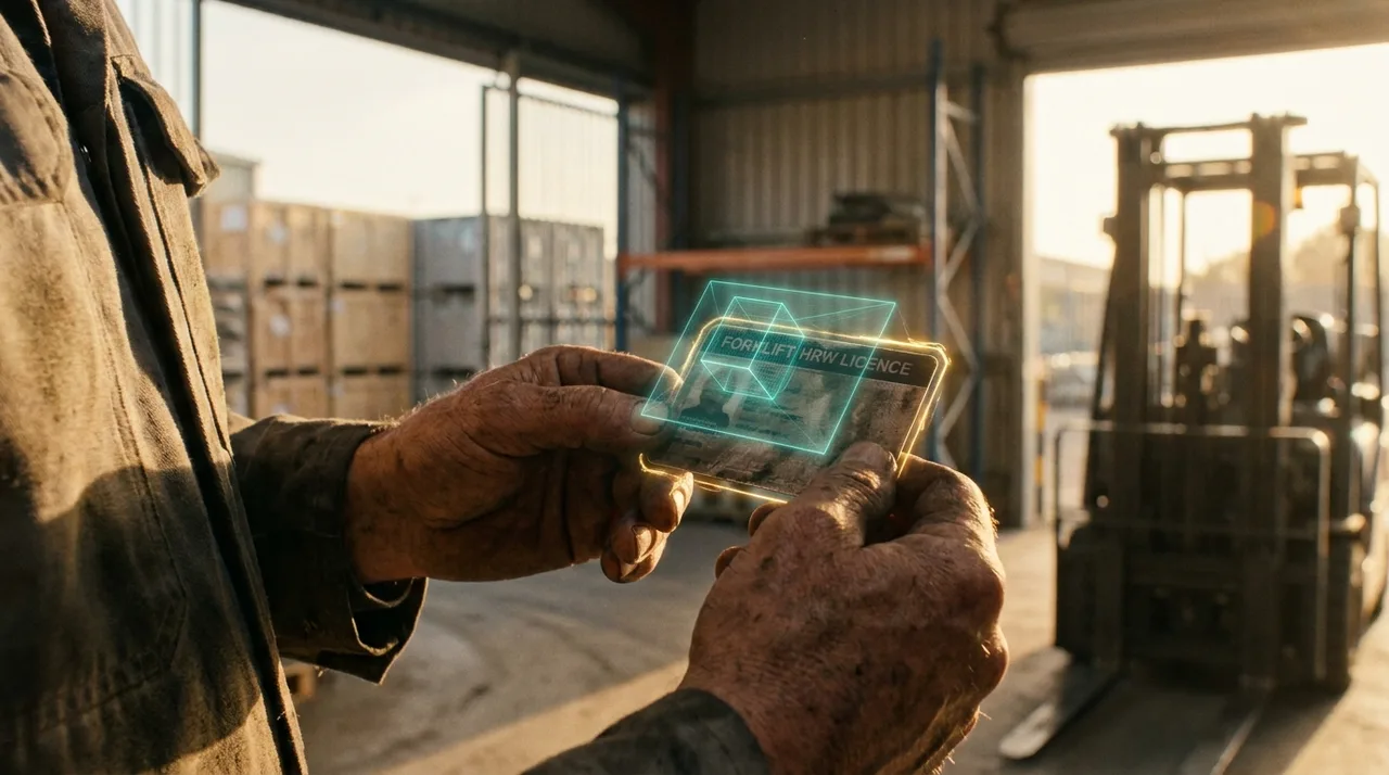 A close mid shot of a supervisor's weathered hands inspecting a forklift operator's HRW licence card at a warehouse gate, warm golden light, a faint
