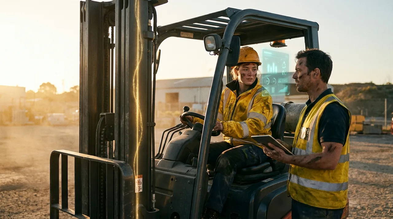 A young trainee operator in golden-yellow hi-vis seated on a counterbalance forklift while an RTO assessor stands beside it in a training yard at golden