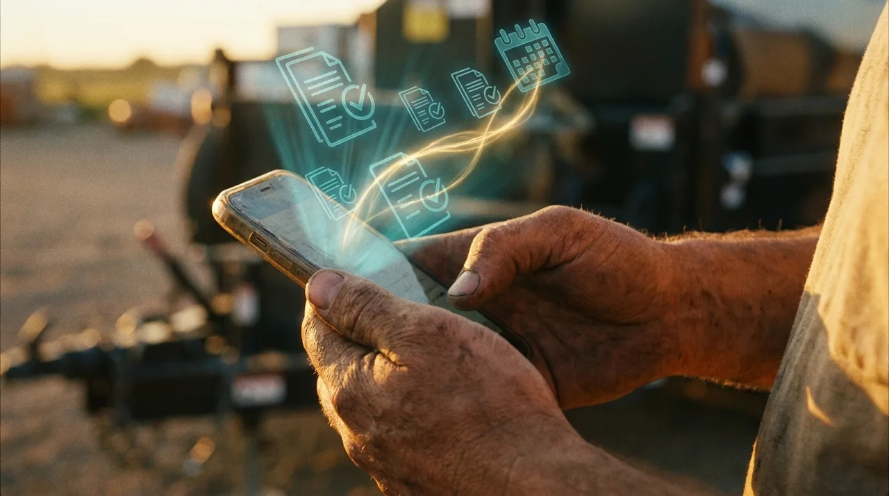 A close mid shot of a weathered worker's calloused hands holding a phone at golden hour as a translucent teal holographic stream of document-check and