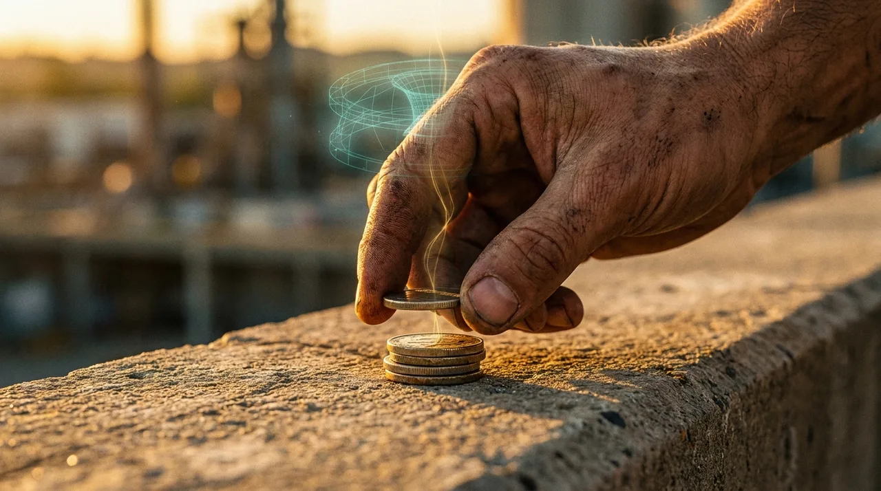 A close mid shot of a weathered worker's hand stacking a few coins on a concrete ledge at golden hour, warm light, a faint translucent teal holographic