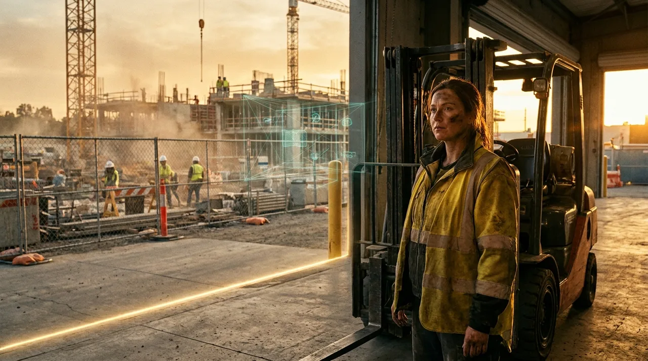 A female warehouse forklift operator in golden-yellow hi-vis beside her machine at a loading dock at golden hour contrasted against a higher-risk
