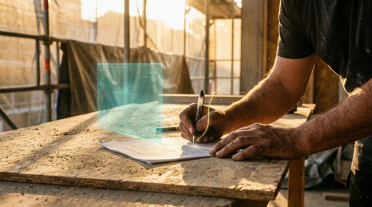 A close mid shot of a calloused middle-aged tradesman's hands signing a permanent employment contract on a dusty site table, a thin faint translucent teal