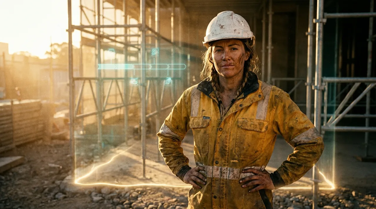 A reliable young female labourer in dusty golden-yellow hi-vis and a scuffed hard hat standing confident on a quiet Sydney site at dawn, one faint