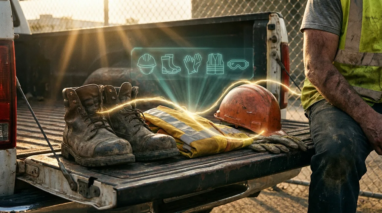 A close mid shot of a worker's PPE kit laid out on a tailgate at dawn — scuffed steel-capped boots, folded golden-yellow hi-vis vest, hard hat and gloves