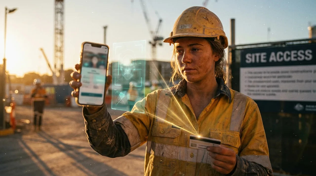 A young female labourer in dusty golden-yellow hi-vis holding up her phone showing a digital induction screen at a Sydney site gate at golden hour, one