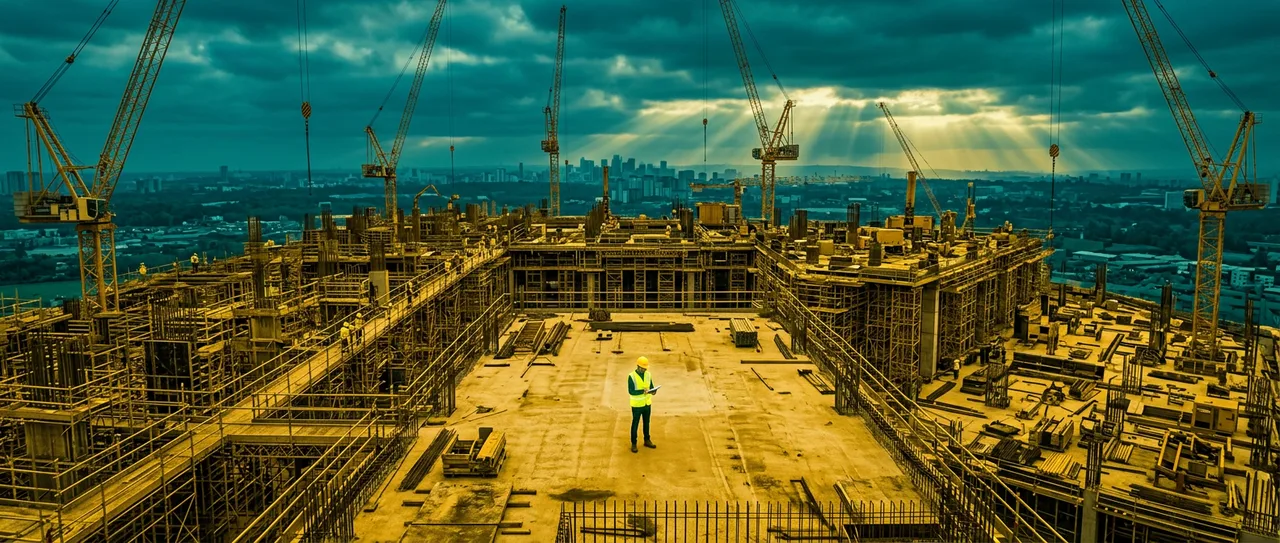Site manager standing alone on a massive construction slab surrounded by cranes against a dramatic teal sky