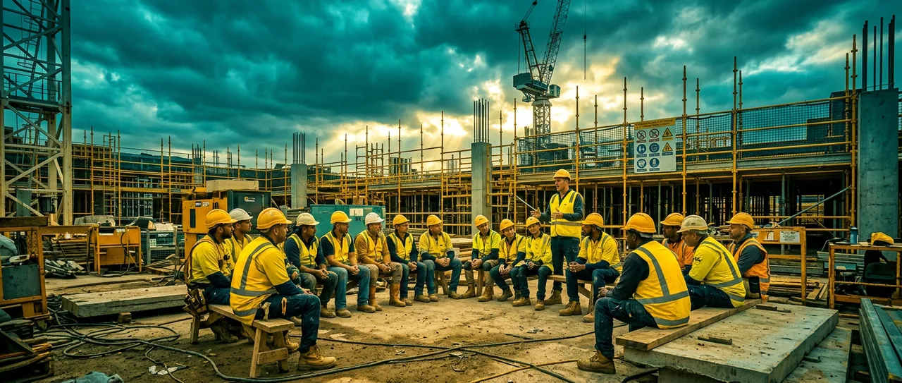 Construction workers in yellow hi-vis receiving a toolbox talk briefing on a Sydney construction site