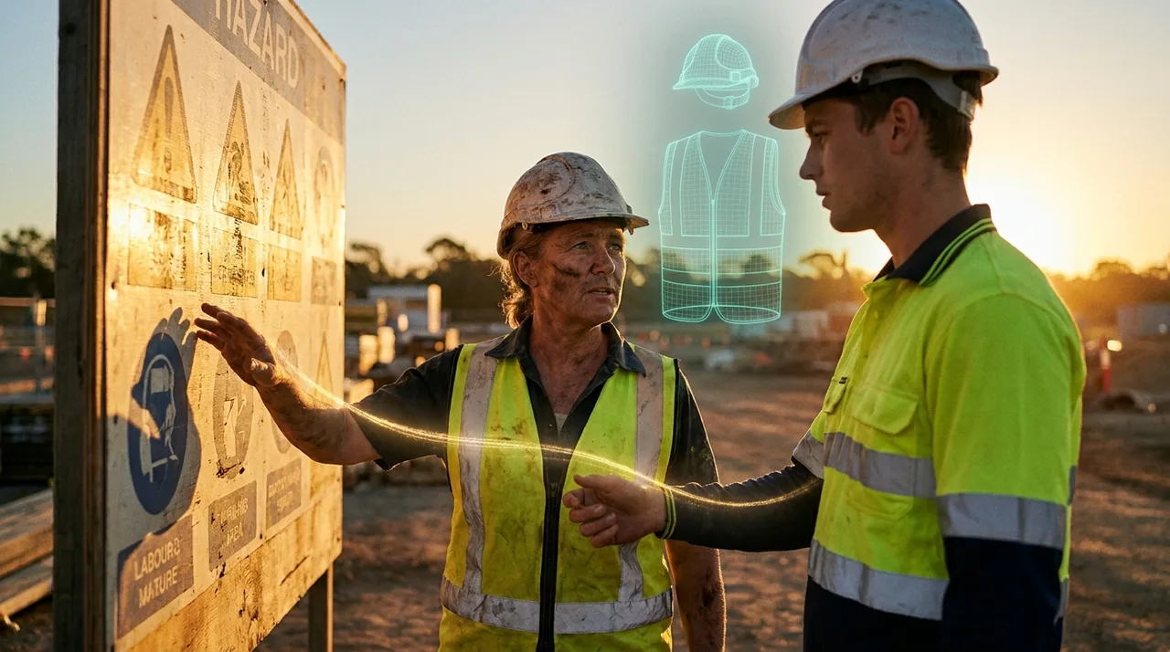 A weathered host-employer supervisor running a site-specific safety induction for a single new labour hire worker beside a hazard board at golden hour