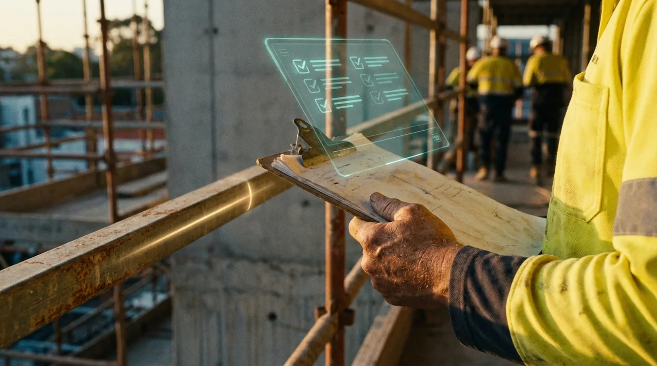 A close mid shot of a SafeWork-style inspection moment — a clipboard and a high-vis sleeve against a scaffolded Sydney site, a faint translucent teal