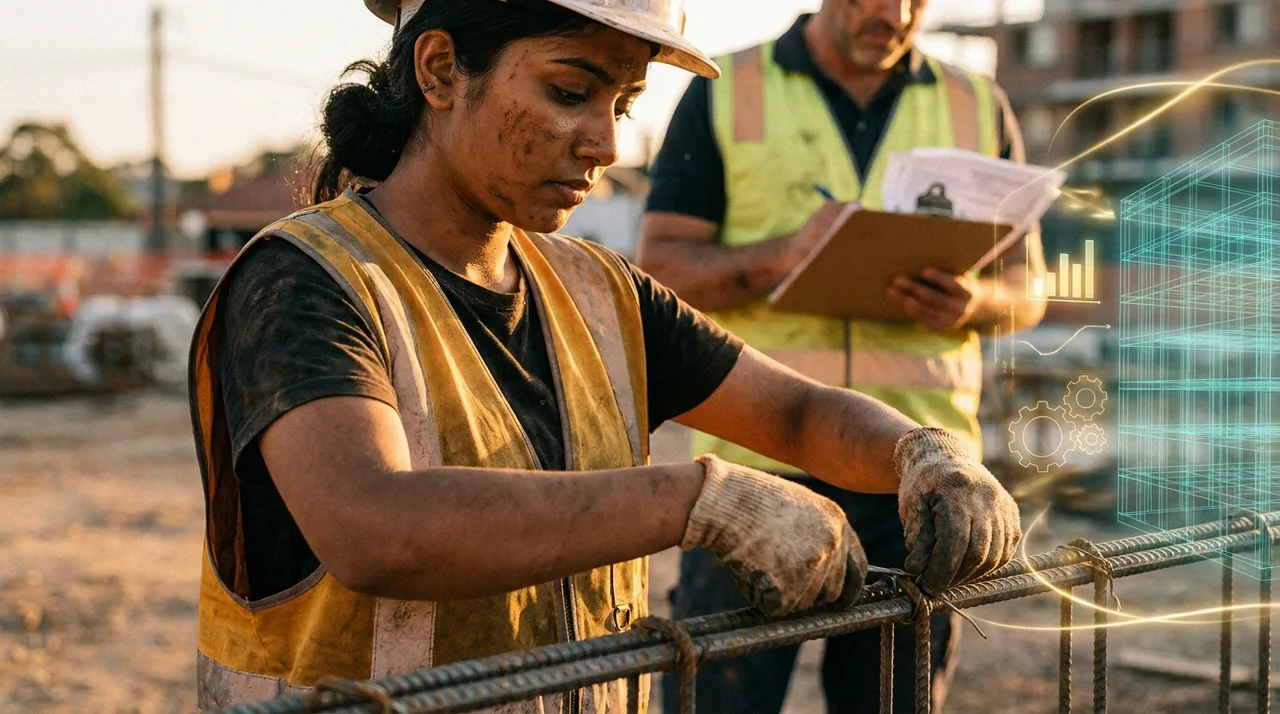Close mid shot of a young South Asian female labour hire worker in dusty golden-yellow hi-vis vest and hard hat on a Sydney formwork site at golden hour