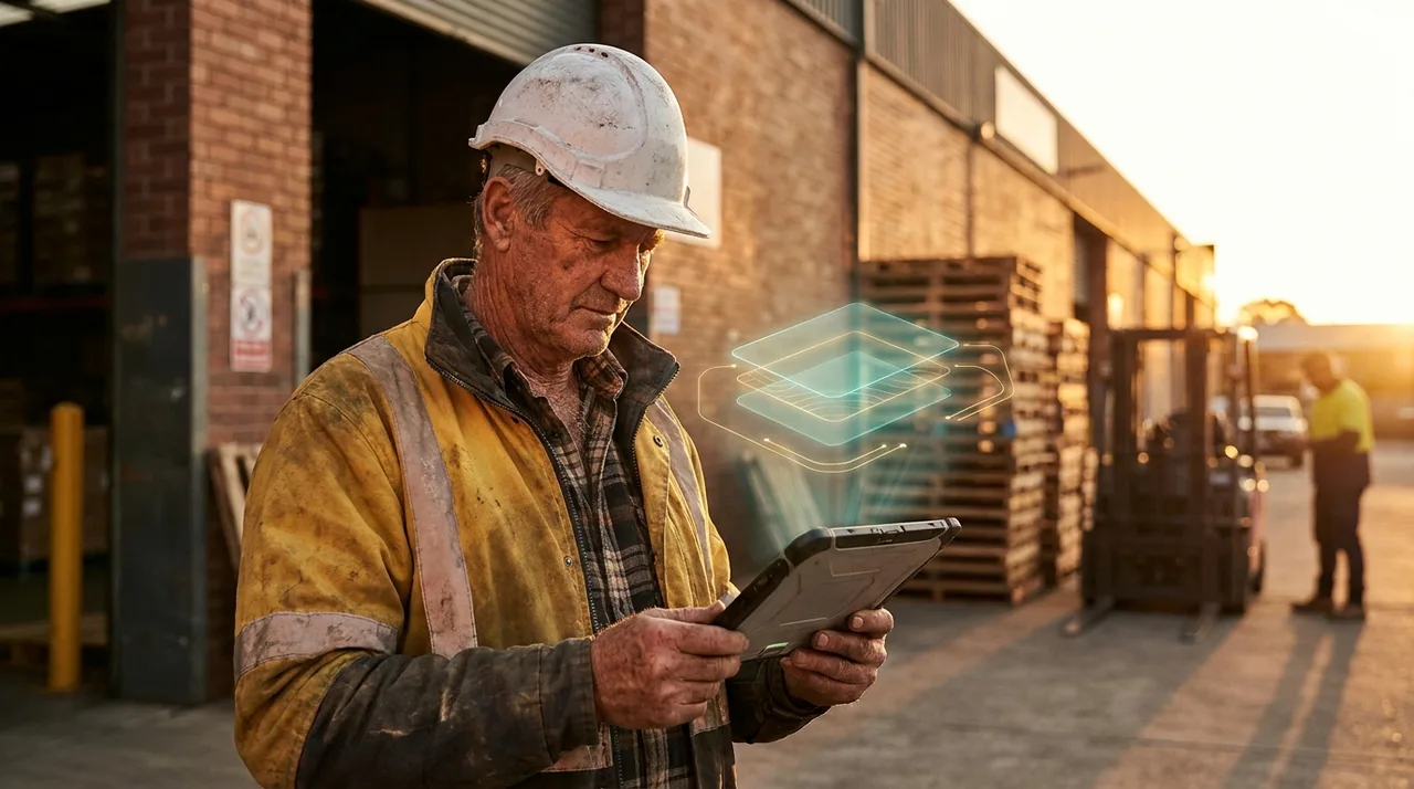 A weathered older male labour hire supervisor in dusty golden-yellow hi-vis and scuffed hard hat standing beside a Sydney warehouse loading dock at golden