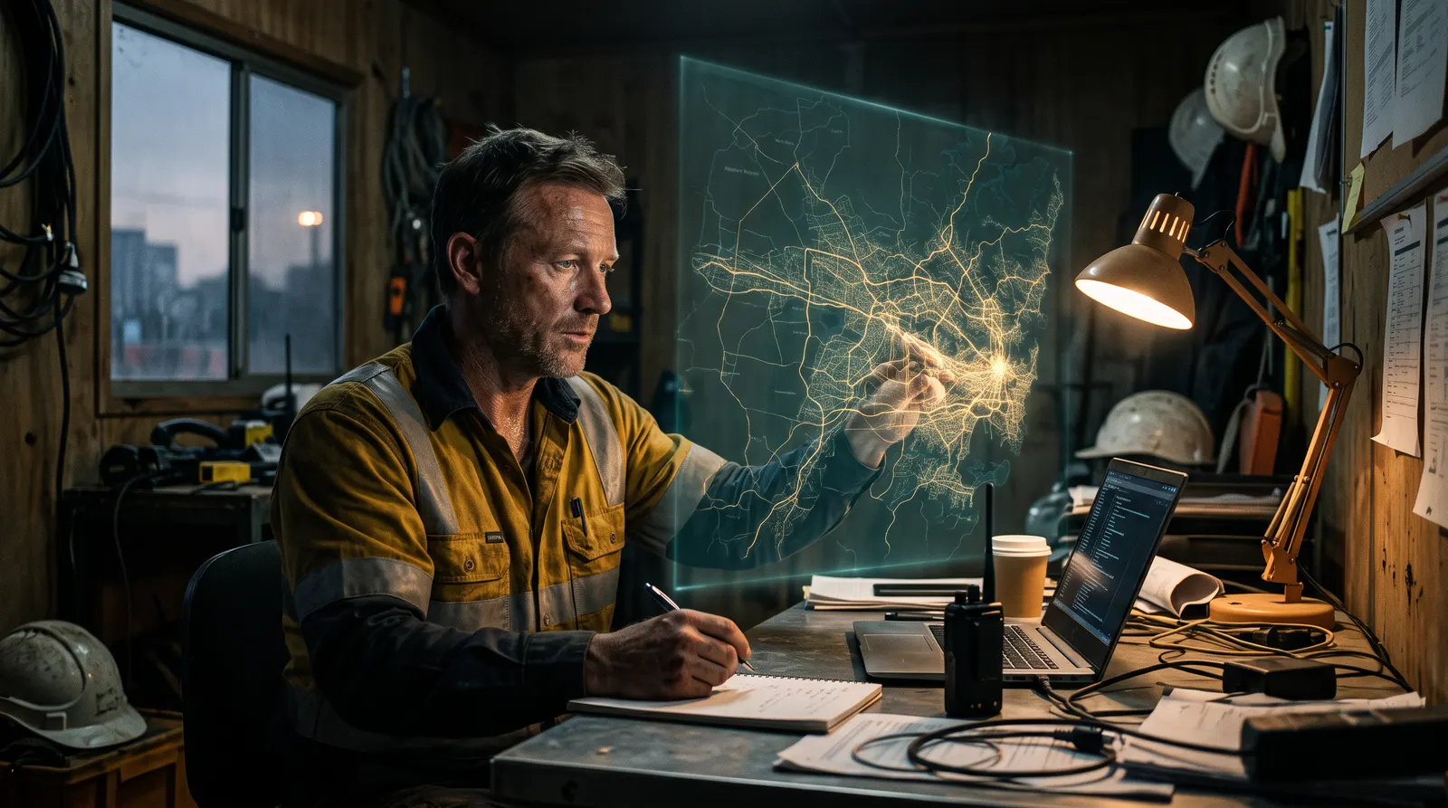 An allocator at a dim site office desk before sunrise studying a map of the city, working out which parts of Sydney a job can actually be filled from