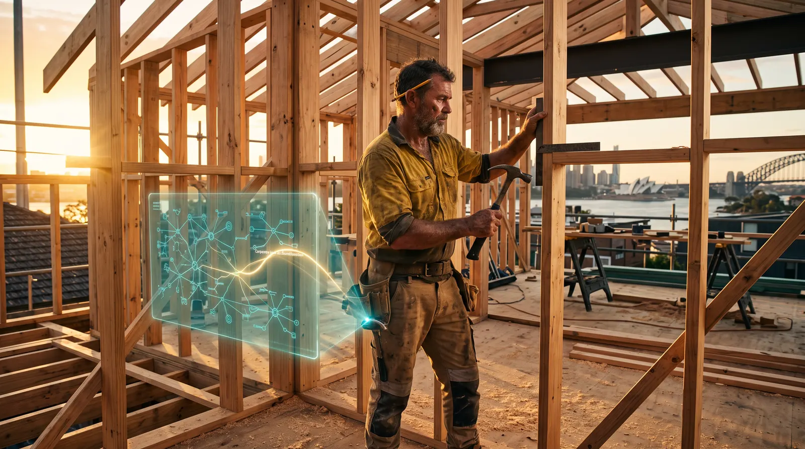 A Sydney carpenter setting out a timber frame in a half-built house, tools in hand, the trade that takes an agency about a week to fill