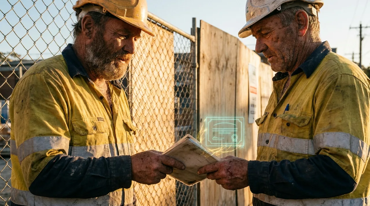 Close mid shot of two weathered male construction workers in dusty golden-yellow hi-vis and hard hats at a Sydney site gate at golden hour, one handing