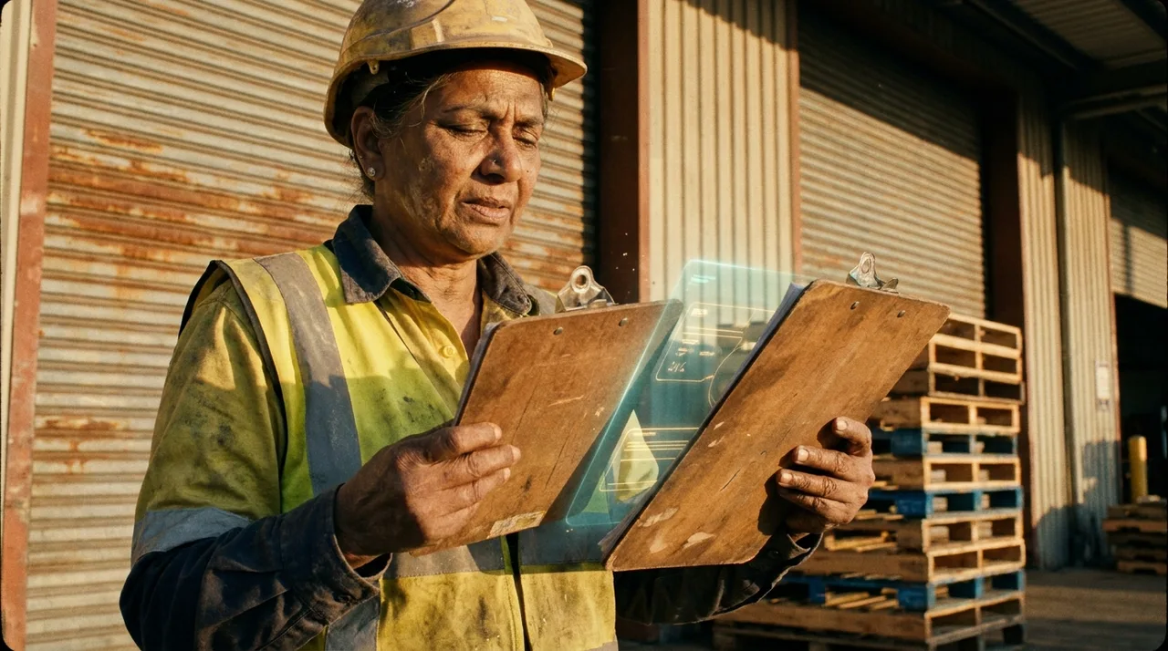 A weathered older female South Asian site supervisor in dusty golden-yellow hi-vis and hard hat on a Sydney warehouse dock at golden hour, comparing two