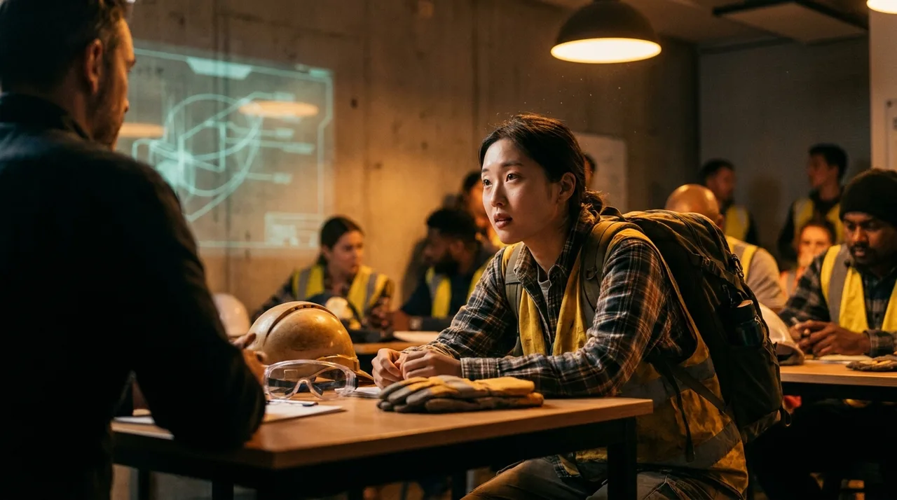 A young female Korean backpacker in casual clothes and a golden-yellow hi-vis vest inside a Sydney CBD training classroom at warm artificial golden-hour