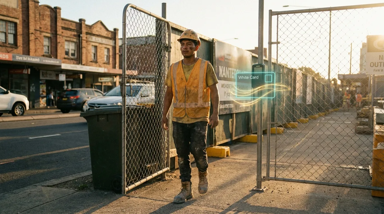 A young male South American construction labourer in dusty golden-yellow hi-vis and hard hat walking through a Sydney Parramatta construction site gate at