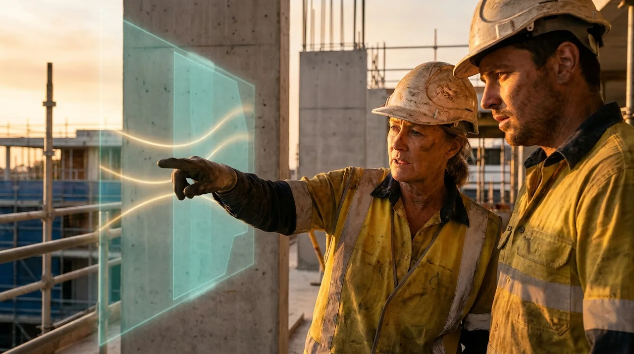 Close mid shot of a weathered female site supervisor in dusty golden-yellow hi-vis and hard hat on a Sydney construction site at golden hour, pointing to