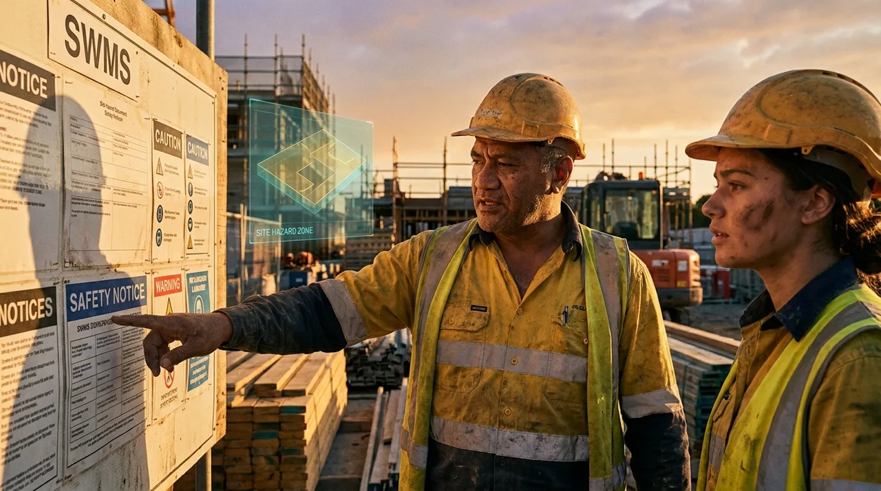 A weathered middle-aged male Pacific Islander labour hire crew leader in dusty golden-yellow hi-vis and hard hat doing a site induction for a young female