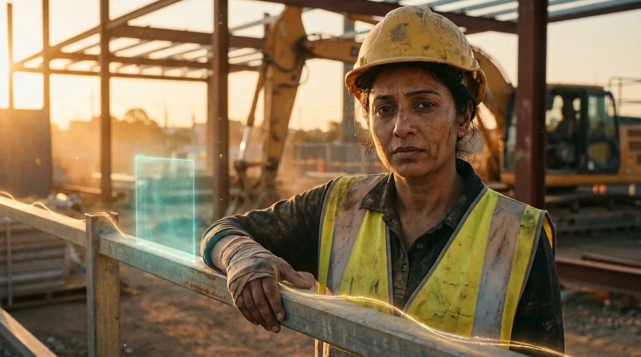 A Sydney labour hire worker in golden-yellow hi-vis on a construction site after a workplace injury, the moment a workers comp claim begins