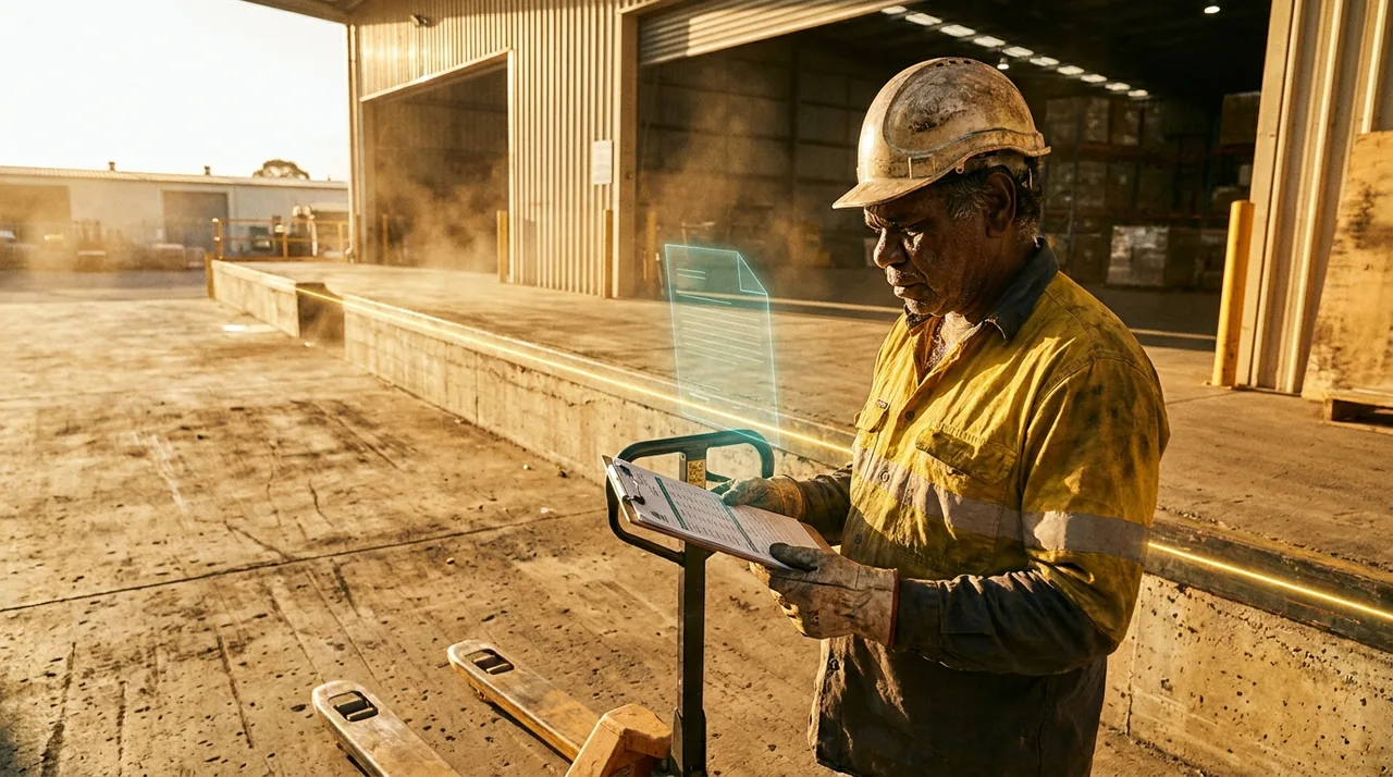 A Sydney foreman in golden-yellow hi-vis at a warehouse loading dock, where a labour hire worker on suitable duties returns to work after an injury