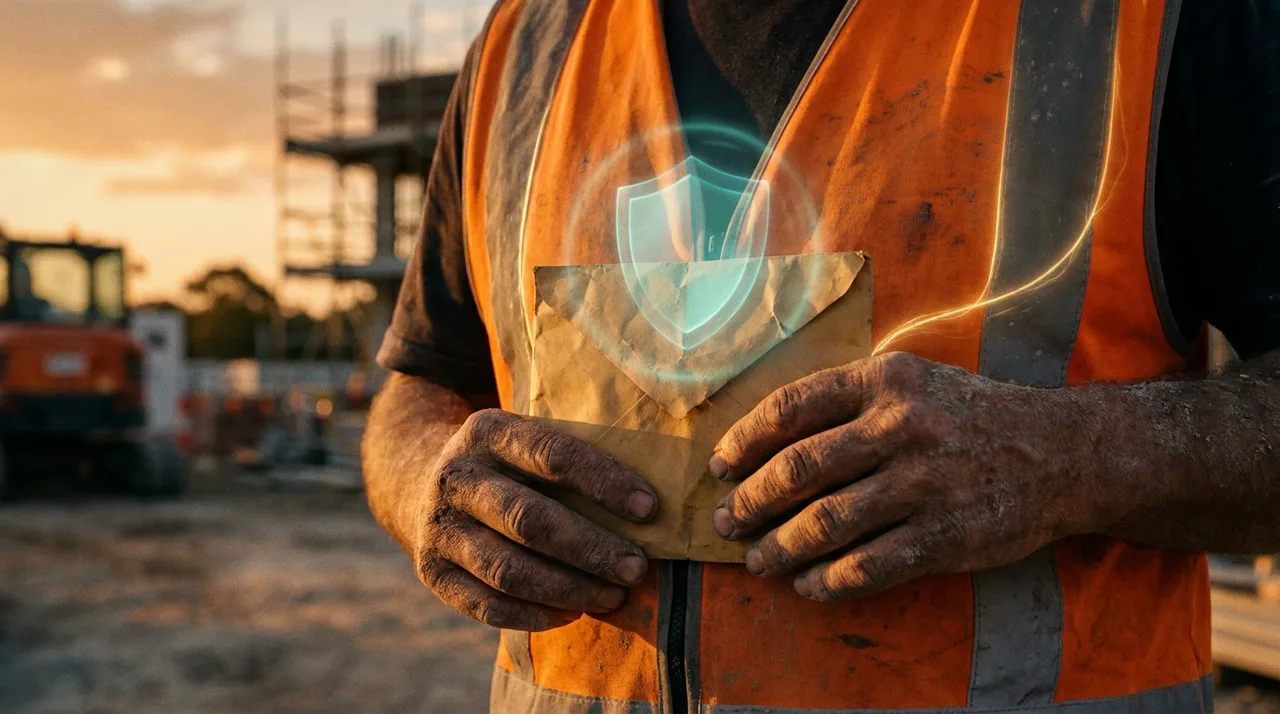 Close-up of a Sydney construction worker's calloused hands at golden hour, holding a folded paper note in place of a payslip