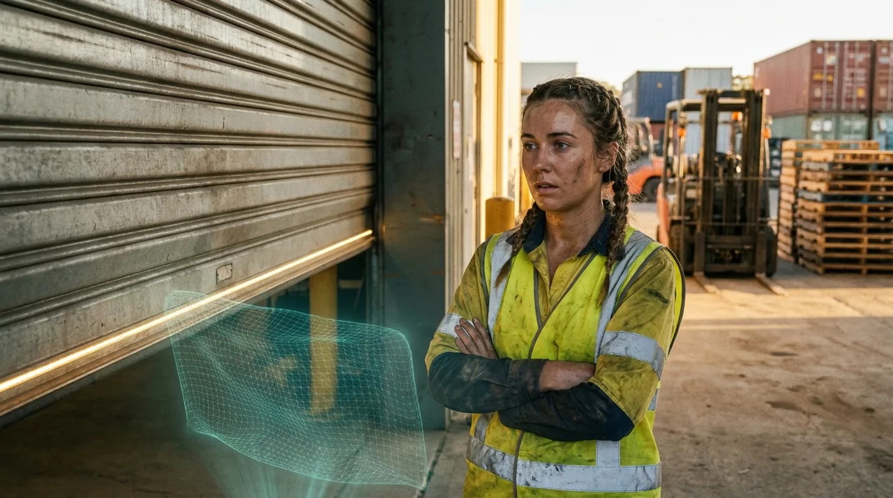 A young Pasifika warehouse worker in golden-yellow hi-vis at a Sydney industrial yard, checking shift notes on her phone