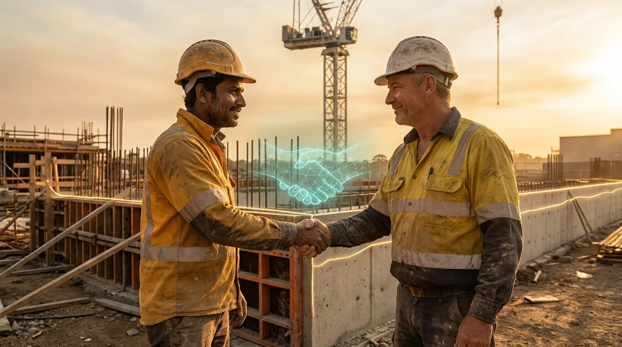 A weathered mid-30s male South Asian labourer in dusty golden-yellow hi-vis and hard hat shaking hands with a 50s male Anglo site manager in dusty hi-vis