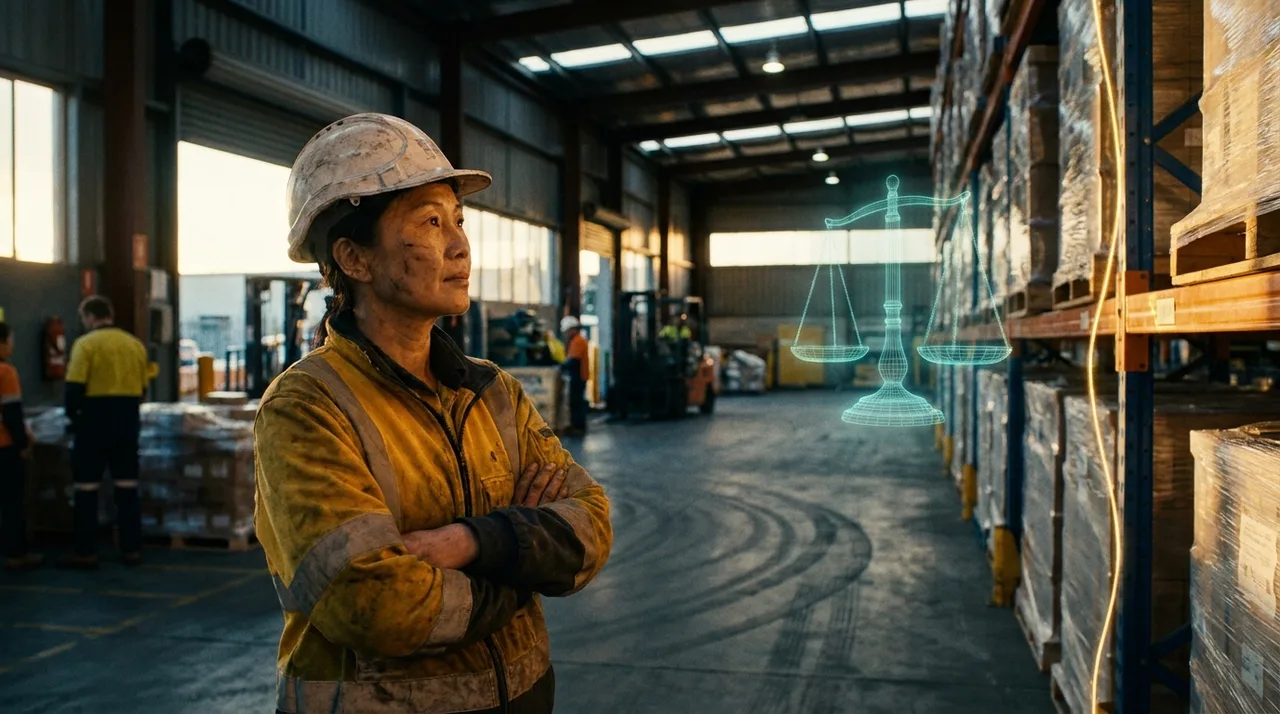 A weathered early-40s female East Asian site supervisor in dusty golden-yellow hi-vis and scuffed hard hat at a busy Sydney warehouse at golden hour, arms