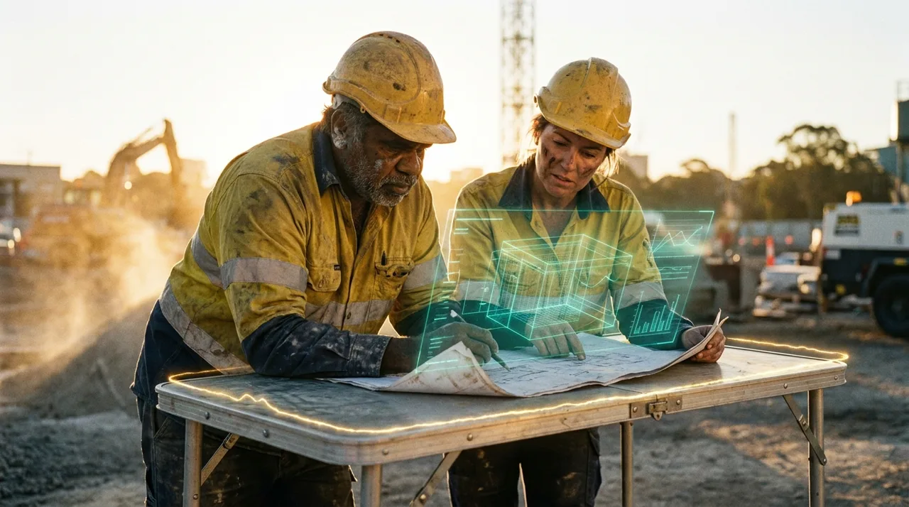 A close mid shot of two weathered Sydney construction workers at golden hour — a 30s male Aboriginal Australian concreter in golden-yellow hi-vis and a