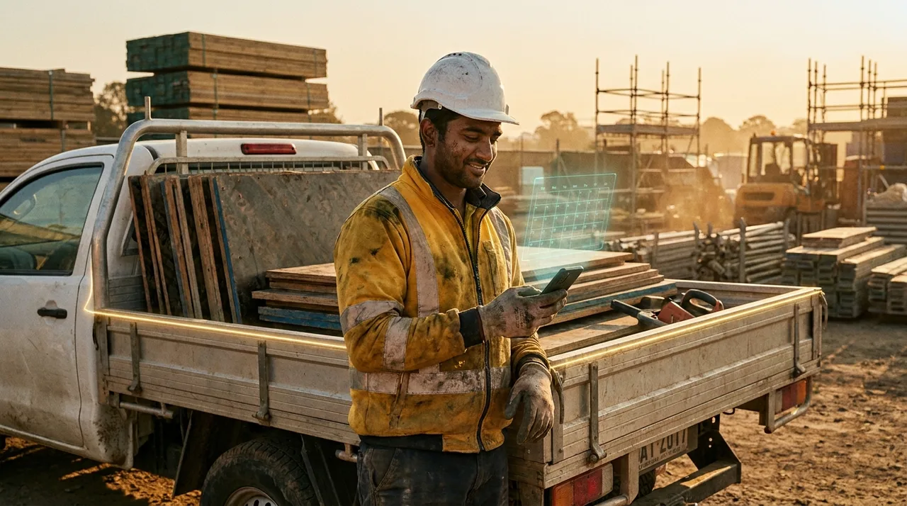 A weathered late-20s male South Asian formwork carpenter in dusty golden-yellow hi-vis and hard hat at a Sydney construction yard at golden hour, standing