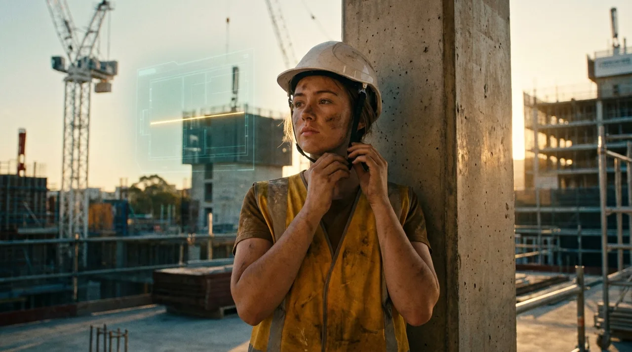 A close mid shot of a young female construction labourer in dusty golden-yellow hi-vis vest and white hard hat on a Sydney site at golden hour, tying on
