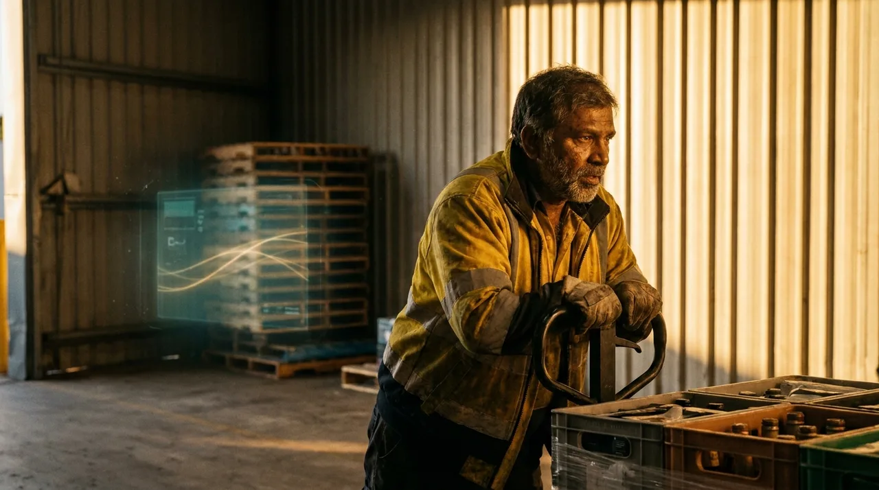 A mid shot of a middle-aged South Asian male warehouse worker in dusty golden-yellow hi-vis at a Sydney loading dock at golden hour, moving a pallet with