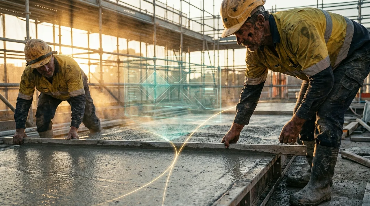 A close mid shot of two weathered concreters in dusty golden-yellow hi-vis screeding wet concrete on a Sydney metro site at golden hour, a faint