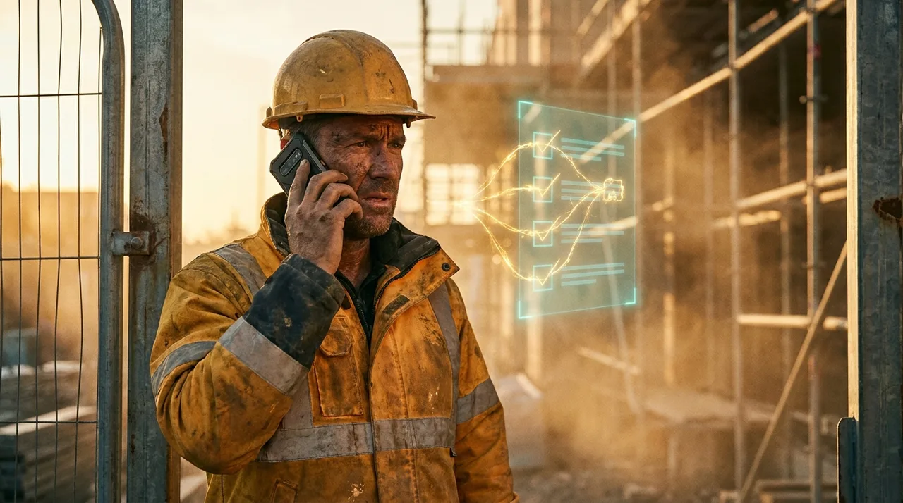 A male Sydney foreman in dusty golden-yellow hi-vis holding a phone to his ear at a site gate at golden hour running a quick check on a cheap quote, a