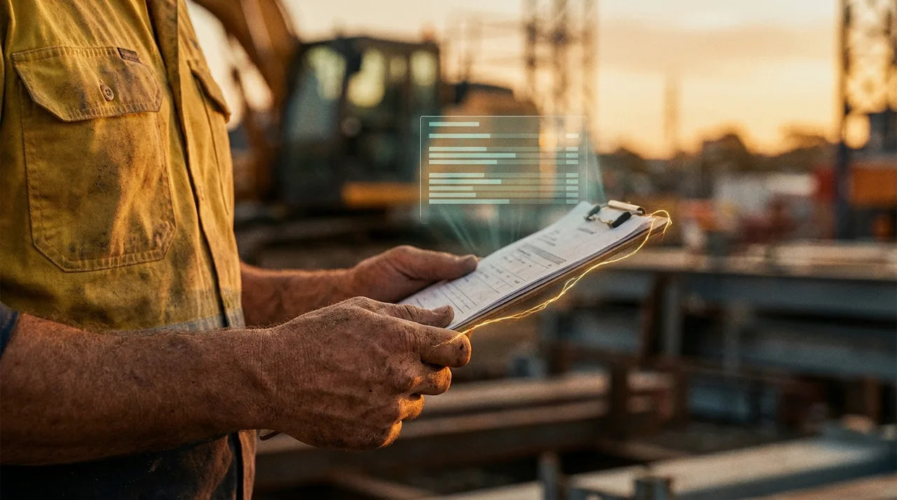 A close mid shot of a male Sydney builder's calloused hands holding a quote on a clipboard against his dusty golden-yellow hi-vis at golden hour, a faint