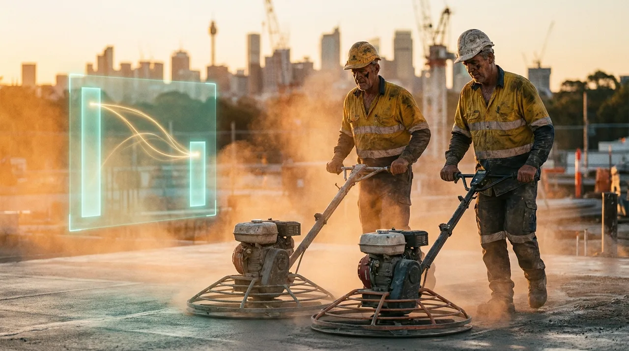 Two weathered concreters in dusty golden-yellow hi-vis power-floating a fresh slab on a Sydney site at golden hour, a faint translucent teal holographic