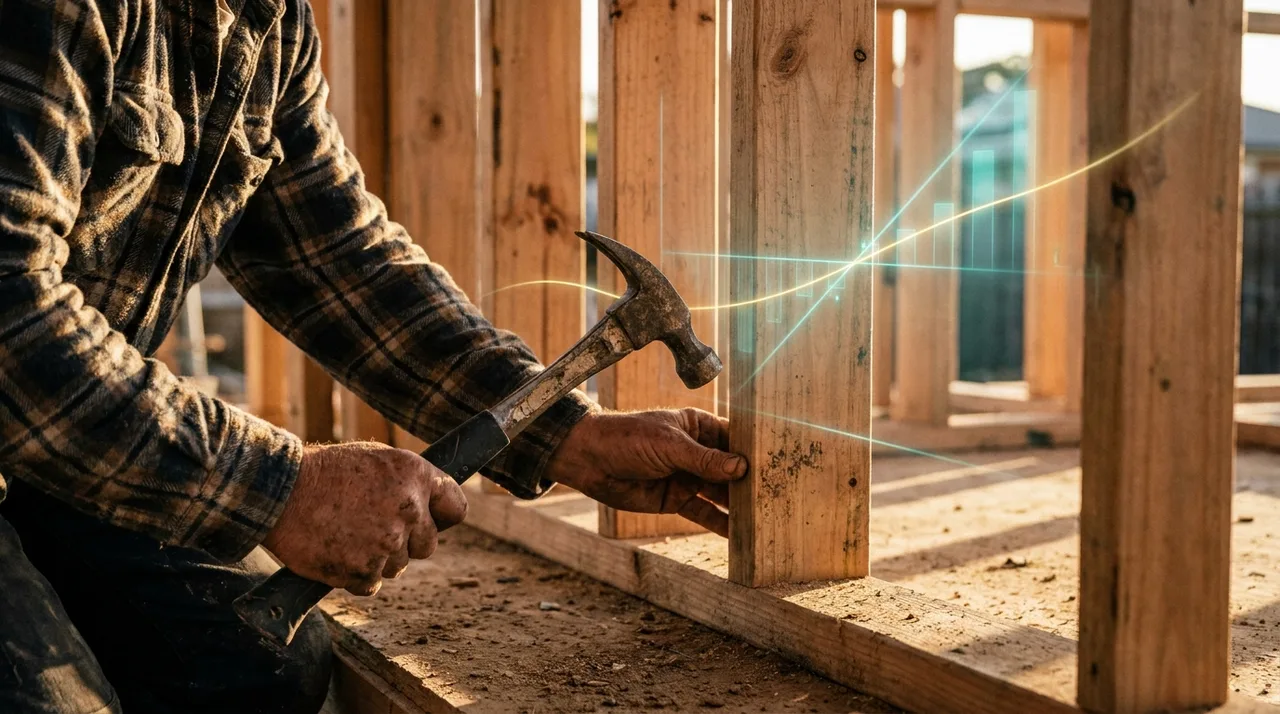 A close mid shot of a male small-builder's weathered hands gripping a framing hammer beside an exposed stud wall on a Sydney reno at golden hour, a faint