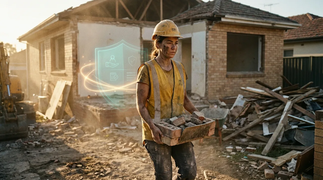 A female labourer in dusty golden-yellow hi-vis and a hard hat carrying a brick hod across a tight Sydney residential demo site at golden hour, rubble and