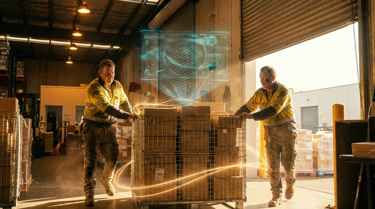 Two weathered warehouse workers in dusty golden-yellow hi-vis moving stacked parcels through a hot Sydney distribution centre doorway at golden hour