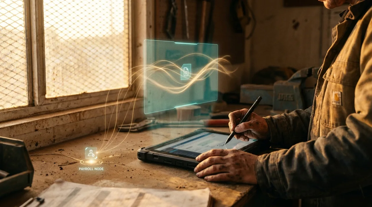 A close mid shot of a female Sydney supervisor's calloused hands signing off a worker's hours on a tablet at a dusty site office at golden hour, a