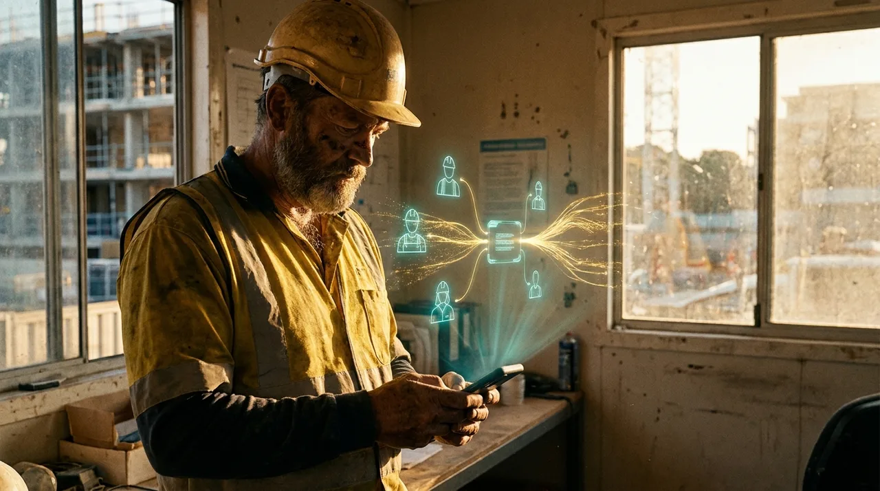 A weathered male site manager in dusty golden-yellow hi-vis checking live worker hours on a phone inside a Sydney site office at golden hour, a prominent