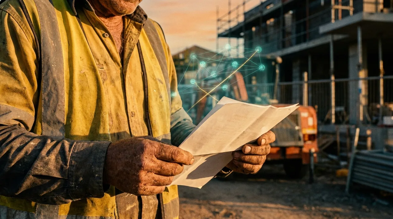 A close mid shot of an older male tradie's weathered hands holding a folded contract against his dusty golden-yellow hi-vis on a Sydney site at golden