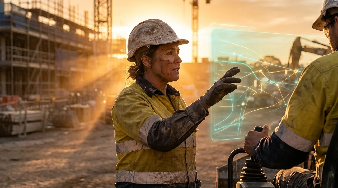 A female Sydney site supervisor in dusty golden-yellow hi-vis and a hard hat directing a worker across a busy site at golden hour, a faint translucent