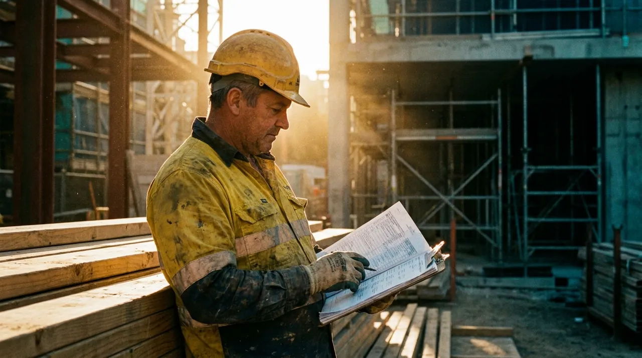Sydney site supervisor reviewing safety paperwork and contractor compliance documents