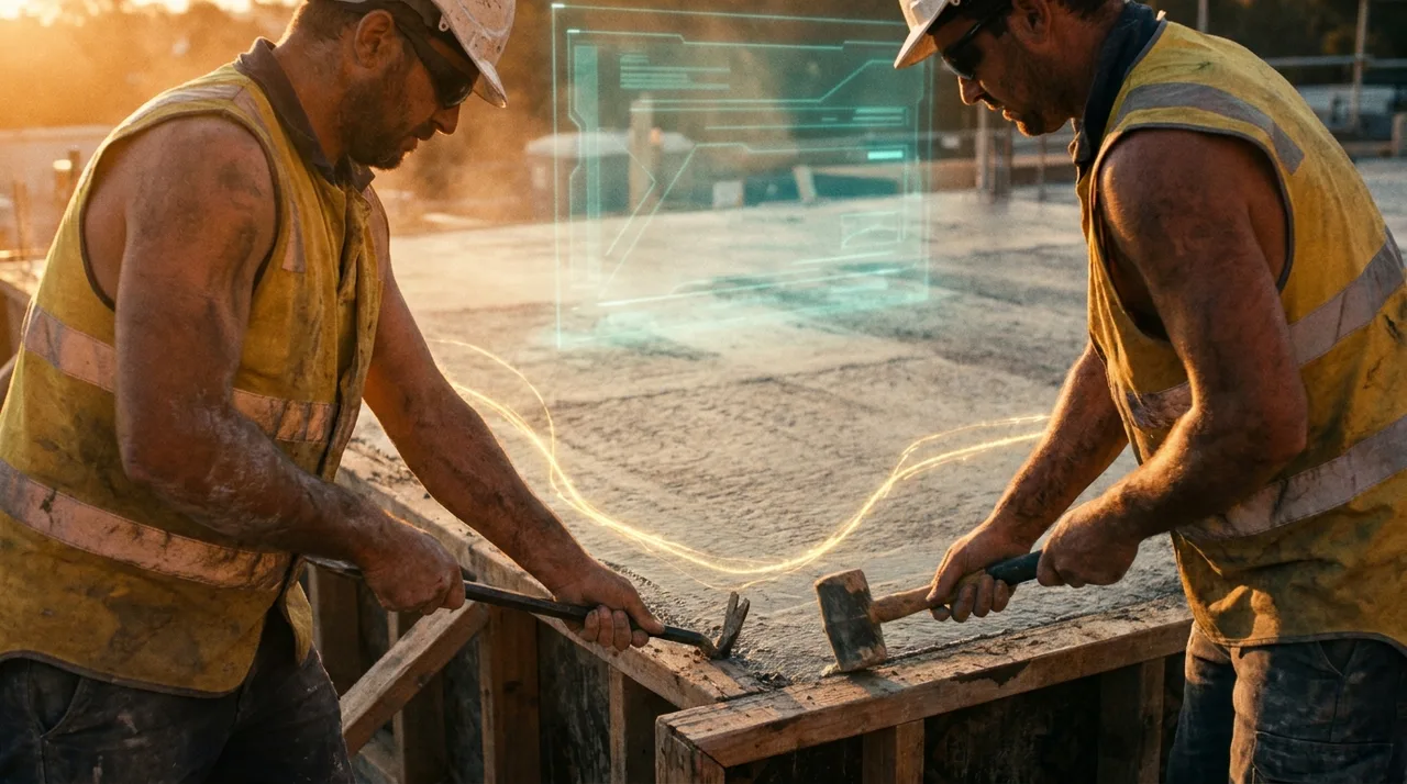 A close mid shot of two weathered formworkers in dusty golden-yellow hi-vis stripping formwork from a fresh Sydney pour at golden hour, a faint