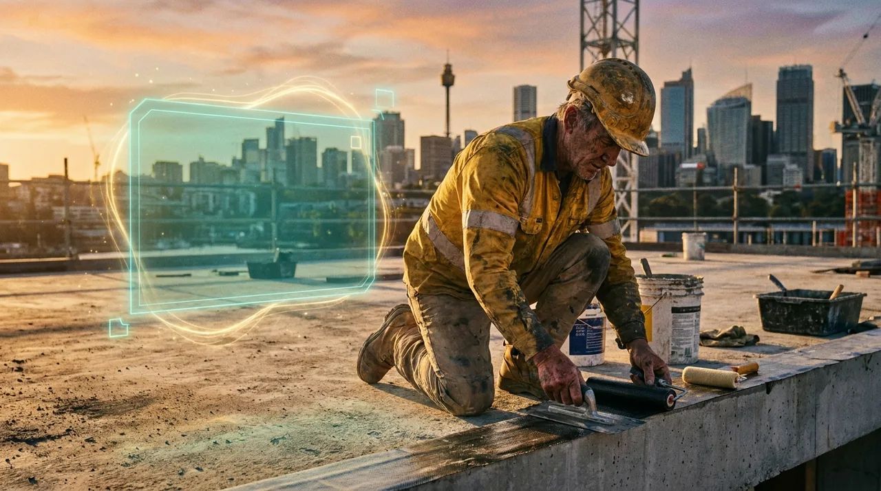 An older male specialist contractor in dusty golden-yellow hi-vis kneeling to waterproof a slab edge on a Sydney site at golden hour with his own tools